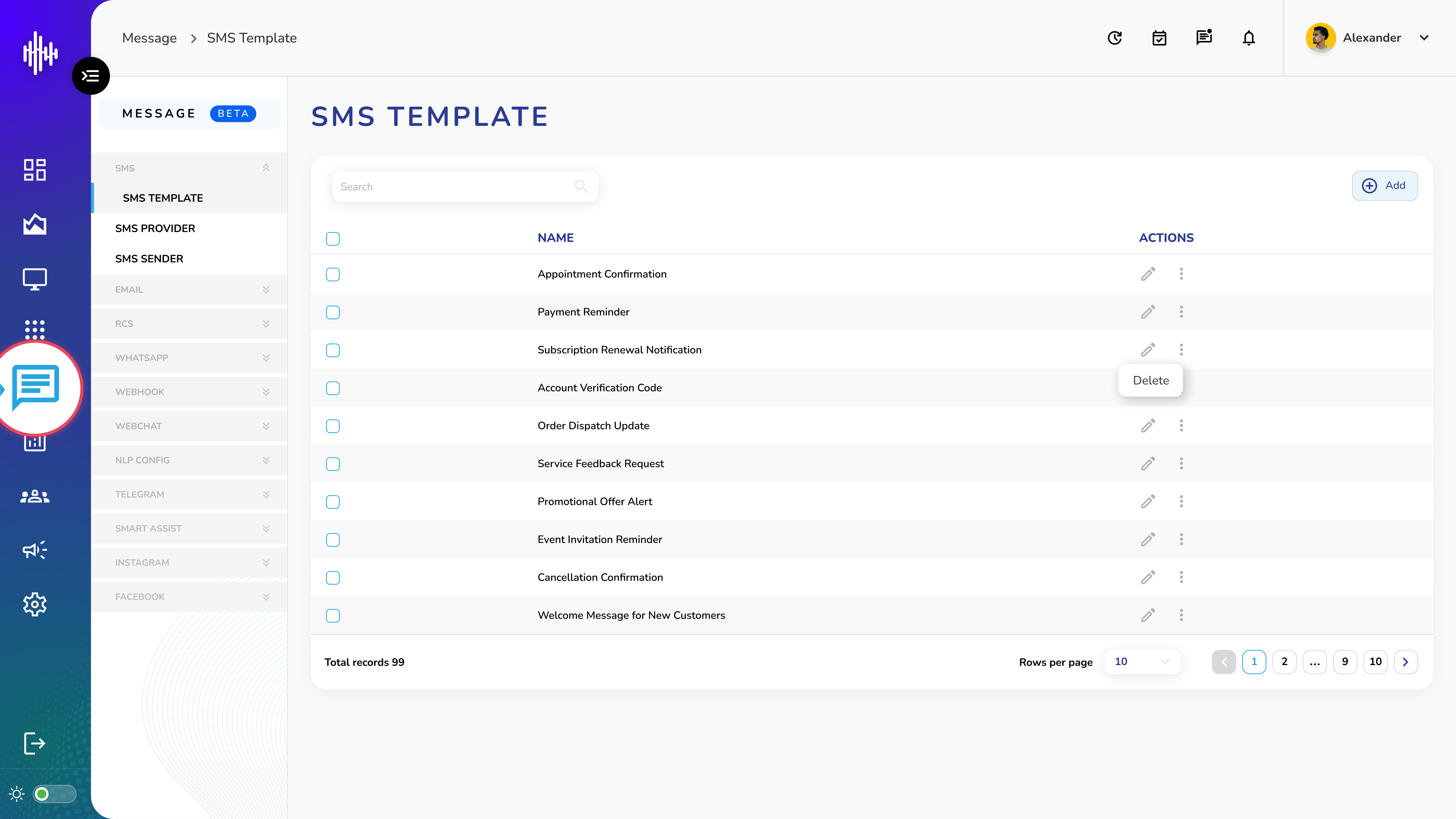 SMS Template - Listing Screen